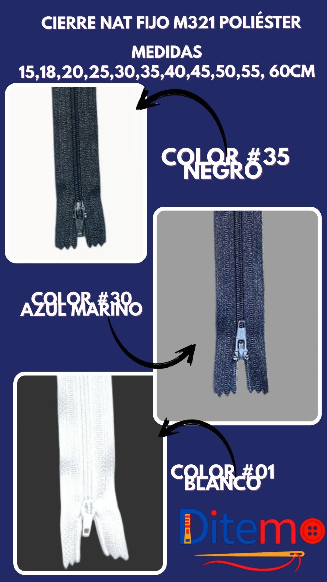 Cierre NAT Fijo M321 poliéster 20CM color #31 negro,#30az. Marino, #01 blanco